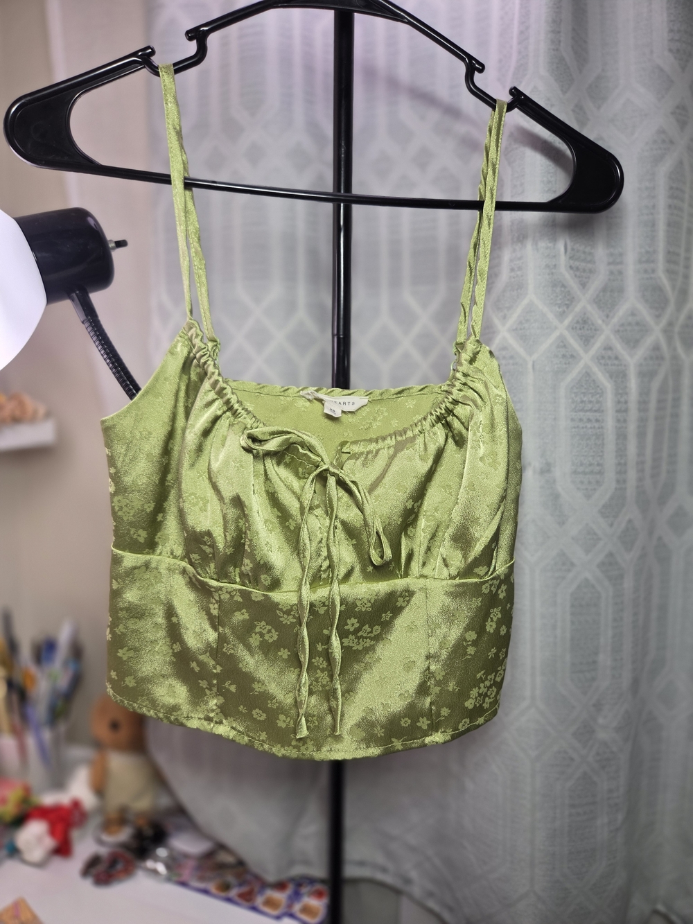 🌼 Light Green Satin Floral Tie-Front Cami Top